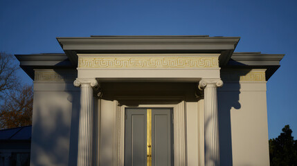 Obraz premium monumental. Classical architectural doorway with elegant columns under a clear blue sky, embodying timeless sophistication. real-estate listings. 