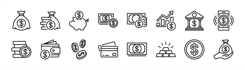 Money thin line icon set. Dollar, money bag, coin, bank, digital finance, savings, billfold, earnings, cash, piggy bank, investment, ATM, wallet, gold, growth, budget, accounting - vector illustration