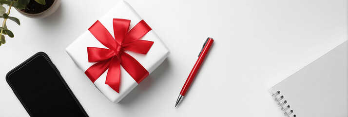 Overhead flat lay view of white christmas gift box with red satin bow near smartphone and notebook holiday season office planning.