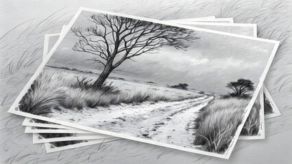 Black and white snowy landscape with tree and path