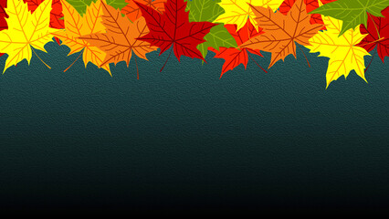 Colorful bright maple leaves on abstract blurred Transformative Teal color gradient grain background. web page. banner. Copy space. Autumn card. Cover design. Green shade. Noisy texture. Fall season.