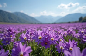 Fototapeta premium Purple flowers bloom extensively in a wide field with green grass. Mountains stand on the horizon under a clear blue sky with some clouds. Sunlight shines on the vibrant petals and leaves.