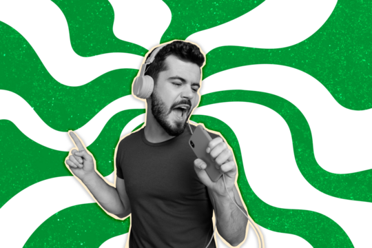 Composite photo collage of happy man wear headphones dance party sing phone wire weekend relax occasion isolated on painted background - Powered by Adobe