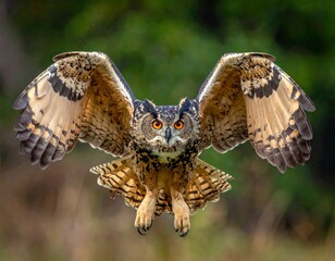 Obraz premium Majestic owl soars through the air with powerful wings in a forest setting during daylight