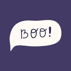 Cute Halloween illustration with the word Boo inside a speech bubble on a dark background. Playful spooky design for Halloween greeting cards, stickers, and decorations.