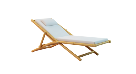 Realistic bamboo beach chair illustration with a white cushion on transparent background