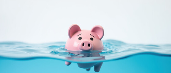 Pink piggy bank floats in clear blue water, symbolizing savings and financial concepts. playful expression adds lighthearted touch to scene