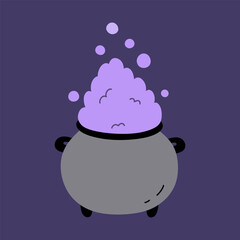 A witch's cauldron of boiling potion isolated on a purple background. Vector hand-drawn illustration in a flat style. Perfect for cards, decorations, logo and Halloween designs.