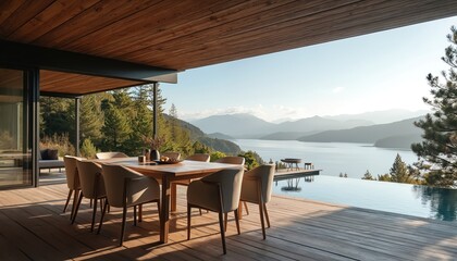 Obraz premium Modern outdoor dining area on wooden deck, overlooks lake and mountains. Table with chairs on terrace near infinity pool. Peaceful nature view with pine trees.