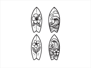 Collection of Hand-Drawn Surfboard Illustrations with Floral and Wave Designs  Outline Doodle  Set for Surf and Beach Apparel