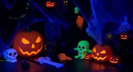 Fototapeta premium Spooky Halloween Night Scene with Pumpkins and Skeletons.