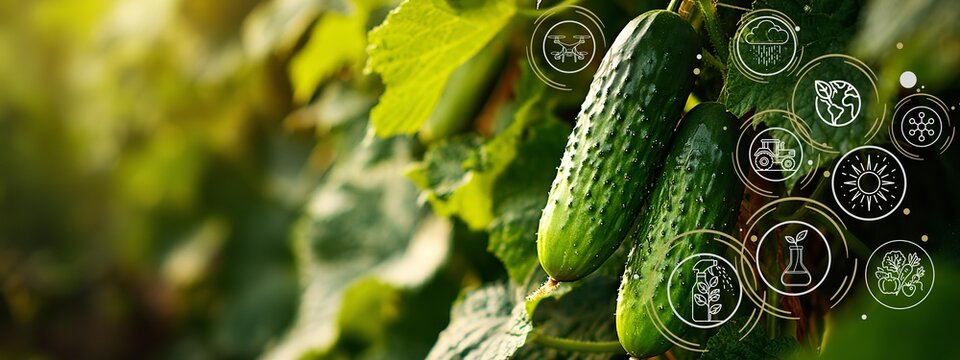 A close up of cucumbers on a bunch and agriculture icons.