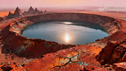 A large, circular lake formed within a volcanic crater surrounded by jagged rocks. Water on Mars concept