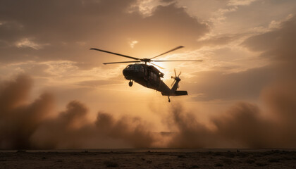 A military helicopter ascends into the sky as the sun sets in the background. Dust swirls around the aircraft, highlighting the intense atmosphere of the moment