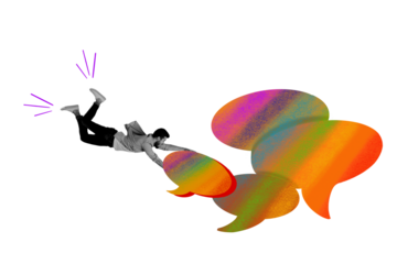 Composite photo collage of excited man hold rainbow bubble communication text box speech icon conversation isolated on painted background