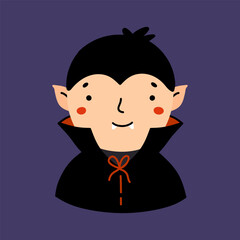 Cute vampire isolated on a purple background. Vector hand-drawn illustration in a flat style. Perfect for cards, decorations, logo and Halloween designs.