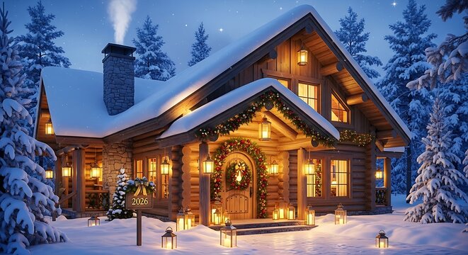 Cozy log cabin warmly lit with Christmas lights and candles in a snowy winter forest - Powered by Adobe