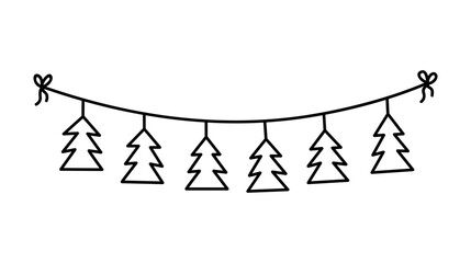 Christmas garland with hanging pine tree shapes isolated on a white background. Vector hand-drawn illustration in doodle style. Perfect for holiday designs, cards, decorations, logo.