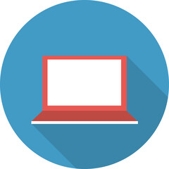 Flat Design Icon of a Red Laptop Computer With a White Screen Set Against a Blue Circular Background With Long Shadow