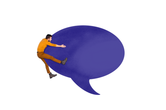 Composite photo collage of scared man climb blue bubble communication speech talk conversation isolated on painted background