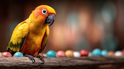A vibrant sun conure parrot poses playfully amidst colorful Easter eggs, embodying joy and festivity as it captures the essence of springtime celebrations vividly.