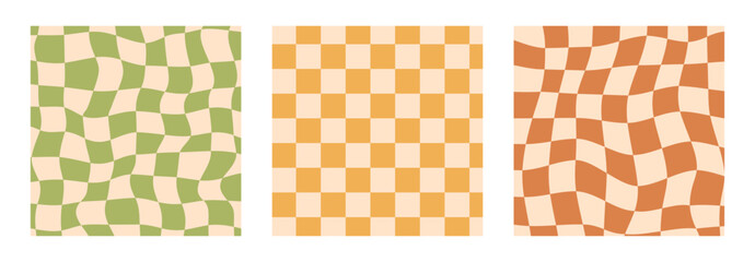 Set of abstract checkered backgrounds with wavy and straight patterns in green, orange, beige colors. Retro geometric optical illusion design. Perfect for posters, print, banners with a 70s aesthetic.