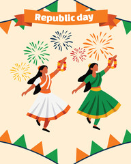 Happy Republic Day of India, 26th January celebration vertical banner with women dancing celebrating, holding Indian flags, balloons, festive background