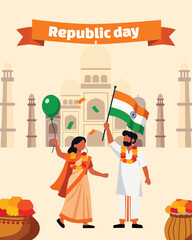 Happy Republic Day of India, 26th January celebration vertical banner with people celebrating, holding Indian flags, balloons, festive background