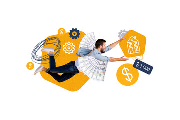 Composite photo collage of happy man estate worker fly house icon new owner property dollar payment gears isolated on painted background