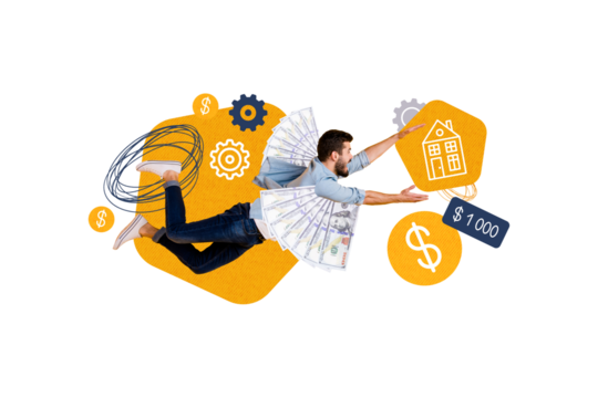 Composite photo collage of happy man estate worker fly house icon new owner property dollar payment gears isolated on painted background