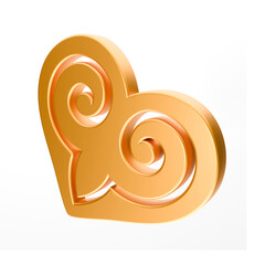 Realistic illustration of shiny golden heart with kazakh ornament isolated on white background. Symbol of love, romantic and Wedding. 3d rendering of heart shape