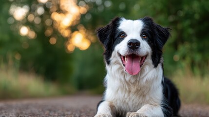A joyful dog lying down on a path surrounded by greenery, embodying happiness and affection, with a blurred, warm background highlighting its playful spirit.