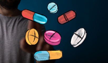 Stock photo of person selecting pills, healthcare, treatment, medicine, choice, pharmacy, drugs, wellness.