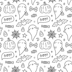 Cute Halloween seamless pattern with ghosts, pumpkins, bats, candies, spider webs, and bones. Fun hand-drawn black and white design for coloring pages, wrapping paper, and decorations. Doodle style.