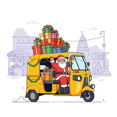Fototapeta premium Cartoon illustration of Santa Claus waving from a yellow tuk-tuk loaded with colorful gifts in a cityscape with a festive mood and purple-toned background.