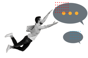 Composite photo collage of astonished man jump text box communication bubble speech talk chatterbox isolated on painted background