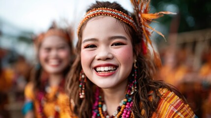 A cheerful girl adorned in traditional attire and colorful beads, radiating joy and cultural pride amidst a vibrant festive setting full of life and celebration.