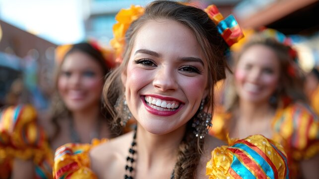 A joyful woman dressed in vibrant traditional clothing, surrounded by a festive atmosphere, radiates happiness and celebration, representing cultural richness and community spirit.