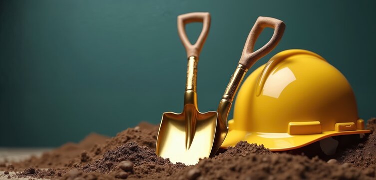 Golden shovels, yellow hardhat on brown earth. Setup signifies new project start. Groundbreaking ceremony for construction development. Tools symbolize success, growth, future building.