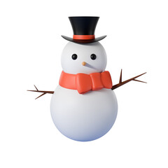 snowman with black hat red stripe front view 3d object cartoon white transparent background