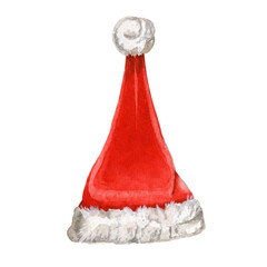 Watercolor santa claus red hat isolated  on white background.