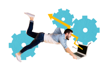 Trend composite sketch template 3D photo collage of cogwheel mechanism cooperation young guy fly hand hold laptop arrow trader way point