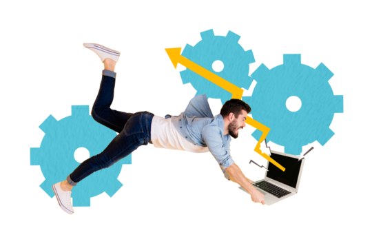 Trend composite sketch template 3D photo collage of cogwheel mechanism cooperation young guy fly hand hold laptop arrow trader way point