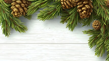 Evergreen branches with pine cones adorn a rustic white wooden surface.