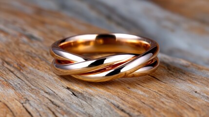 This beautiful rose gold ring design showcases a stylish knot, symbolizing unity and love, set against a rustic wooden surface that enhances its elegance.