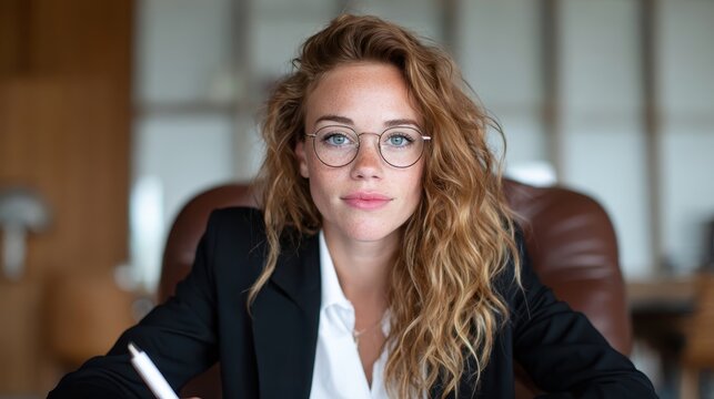 An empowered young woman exudes confidence and professionalism in a business environment, portraying strength and determination with a friendly smile.