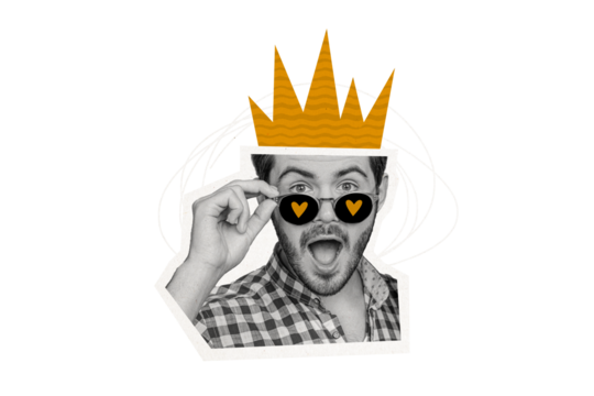 Composite photo collage of excited man wear heart sunglass cut head piece affection love icon isolated on painted background