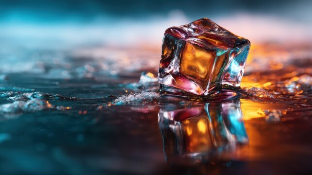 A close-up of a melting ice cube on a reflective surface, illuminated by colorful lights, capturing the essence of refreshment and creativity in abstract art.