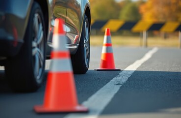 Trainee receives driving instruction near vehicle on outdoor course. Focused student learns road safety techniques with guidance from instructor. Image represents skill development, practical