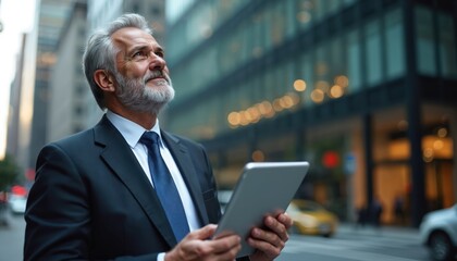 Fototapeta premium Confident businessman in suit reviews digital tablet on city street. Man with grey hair, beard looks up thoughtfully. Blurred urban background with buildings, cars. Business pro uses modern tech